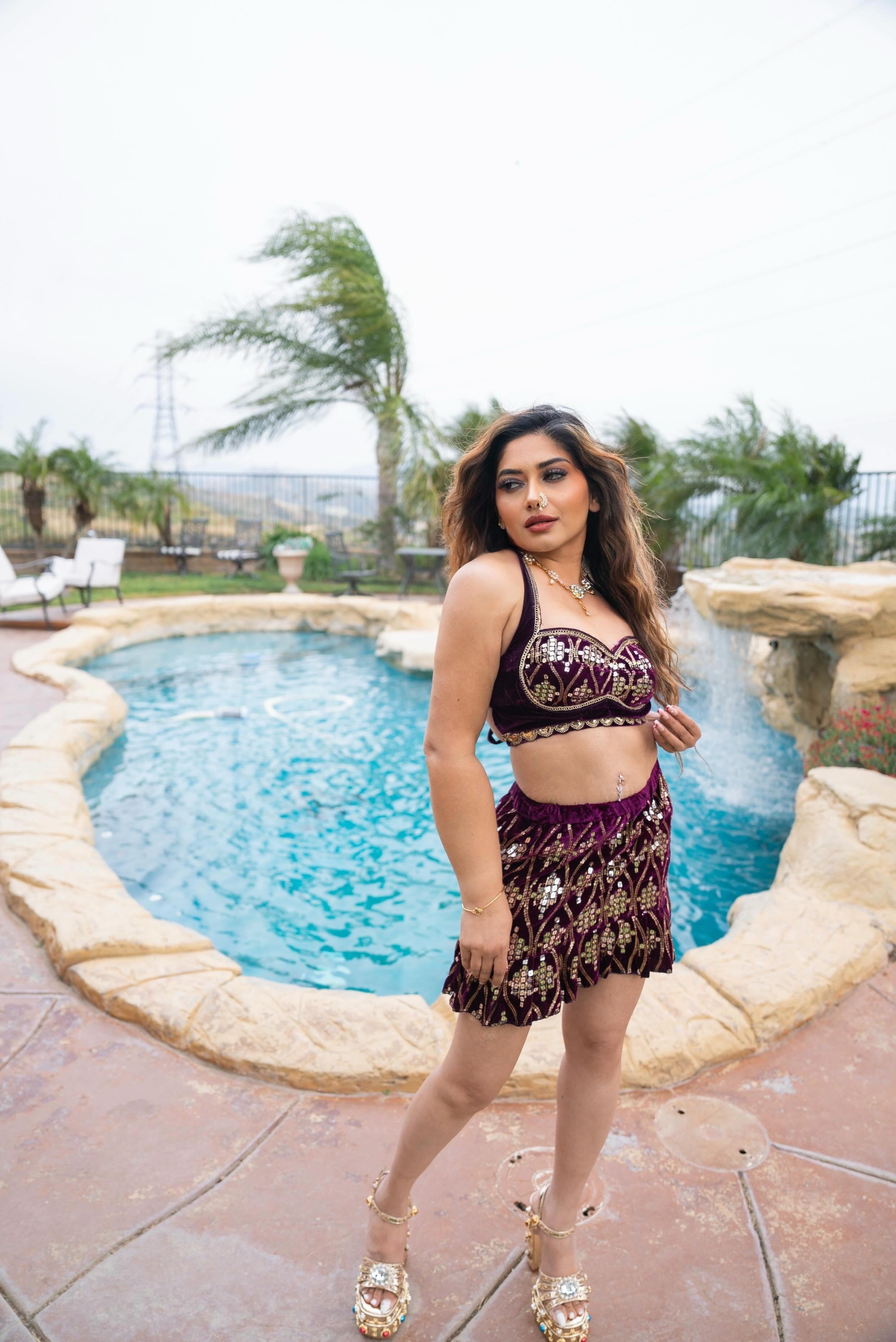 Pyramid Plum Velvet Ruffle Mini Skirt Set