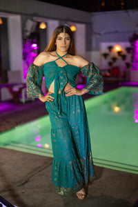 Golden turquoise sharara pants set