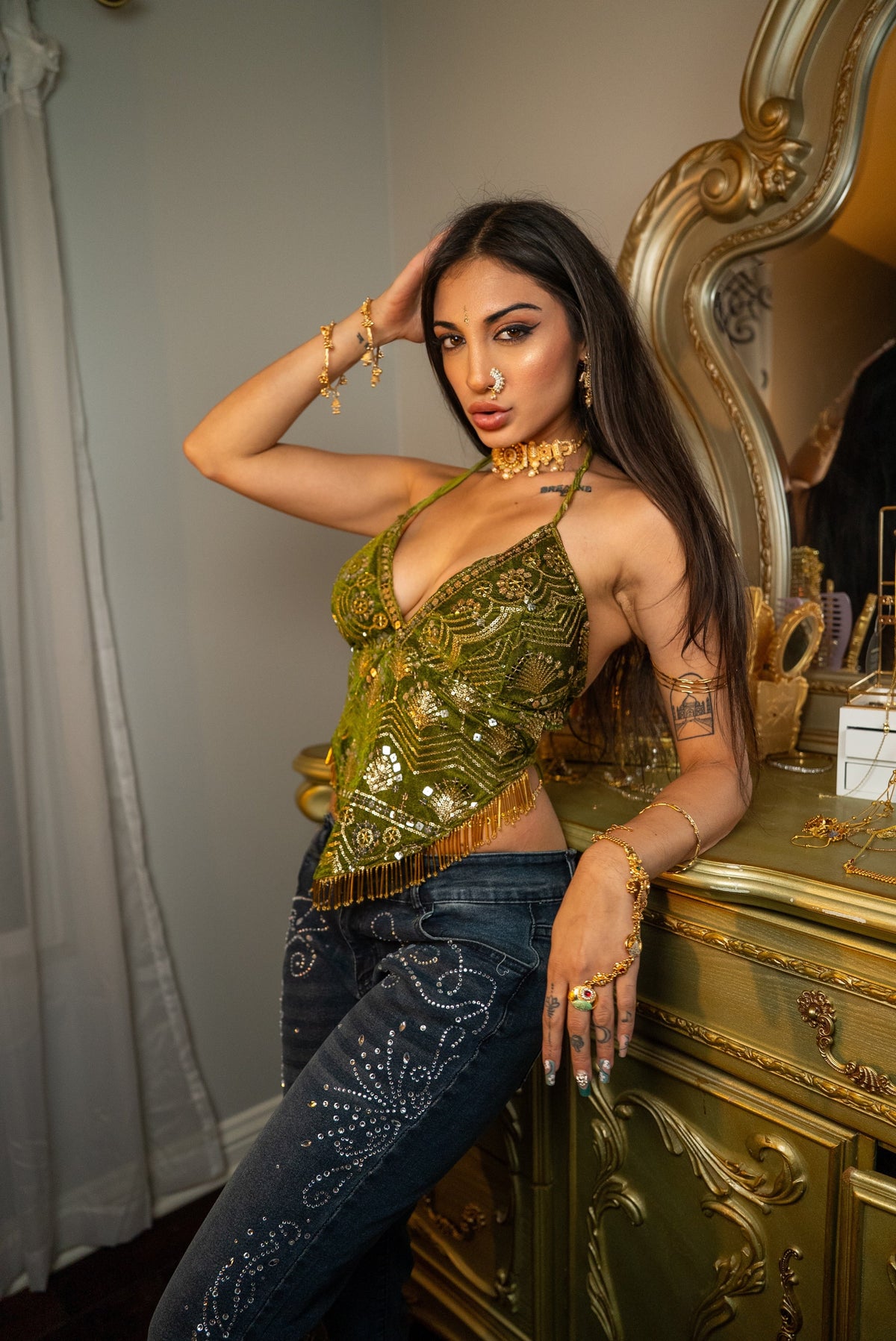 Olive Velvet Fairy Venus Sequin Top