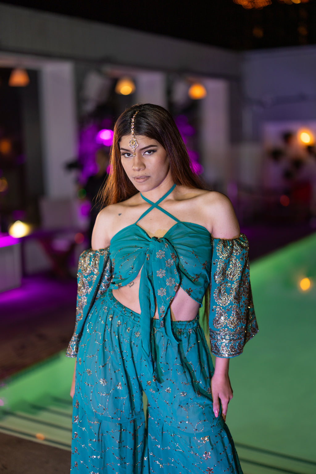 Golden turquoise sharara pants set