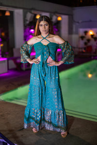 Golden turquoise sharara pants set