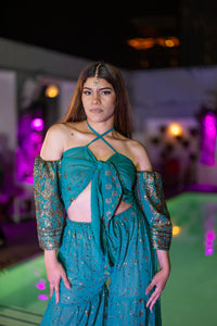 Golden turquoise sharara pants set
