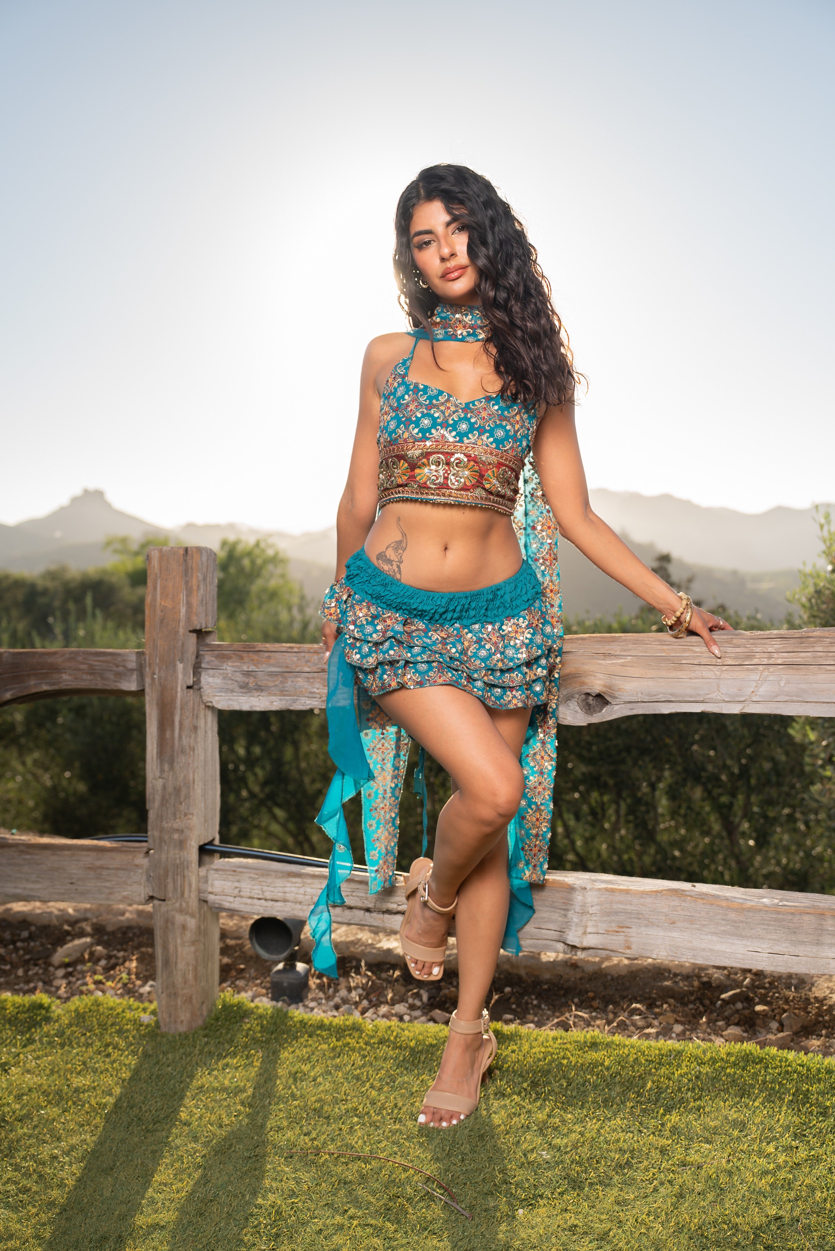 Blue lotus ruffle mini skirt set