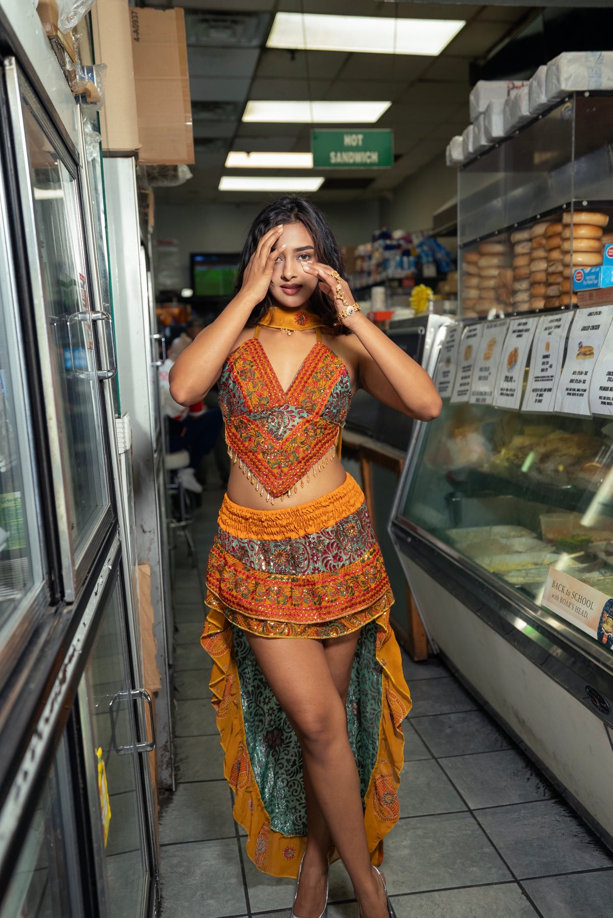 Saffron Jungle Ruffle Bollywood Set