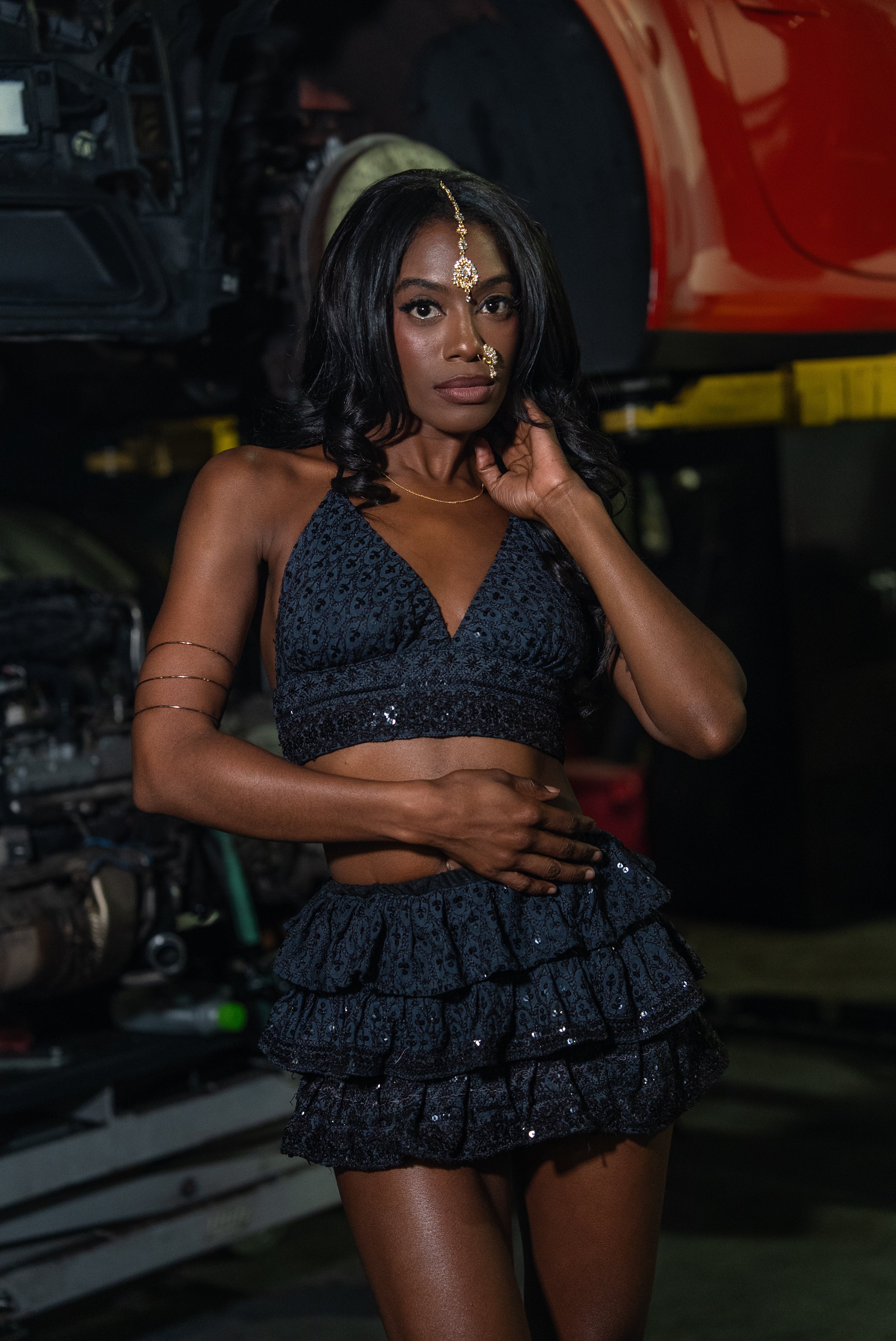 Black Sparkle Ruffle Mini Skirt Set