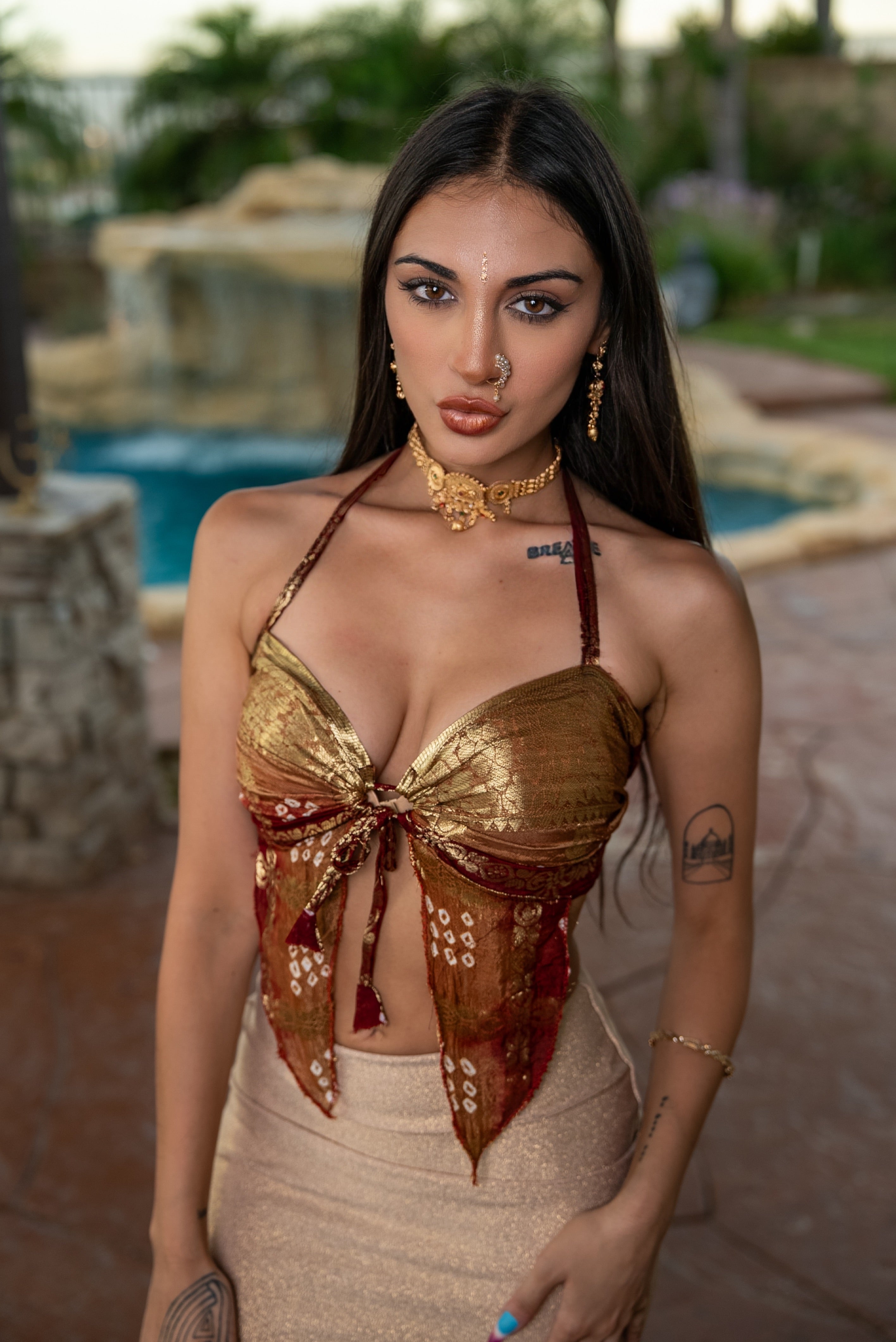 Golden Bandhani Ring Neck Pixie Top