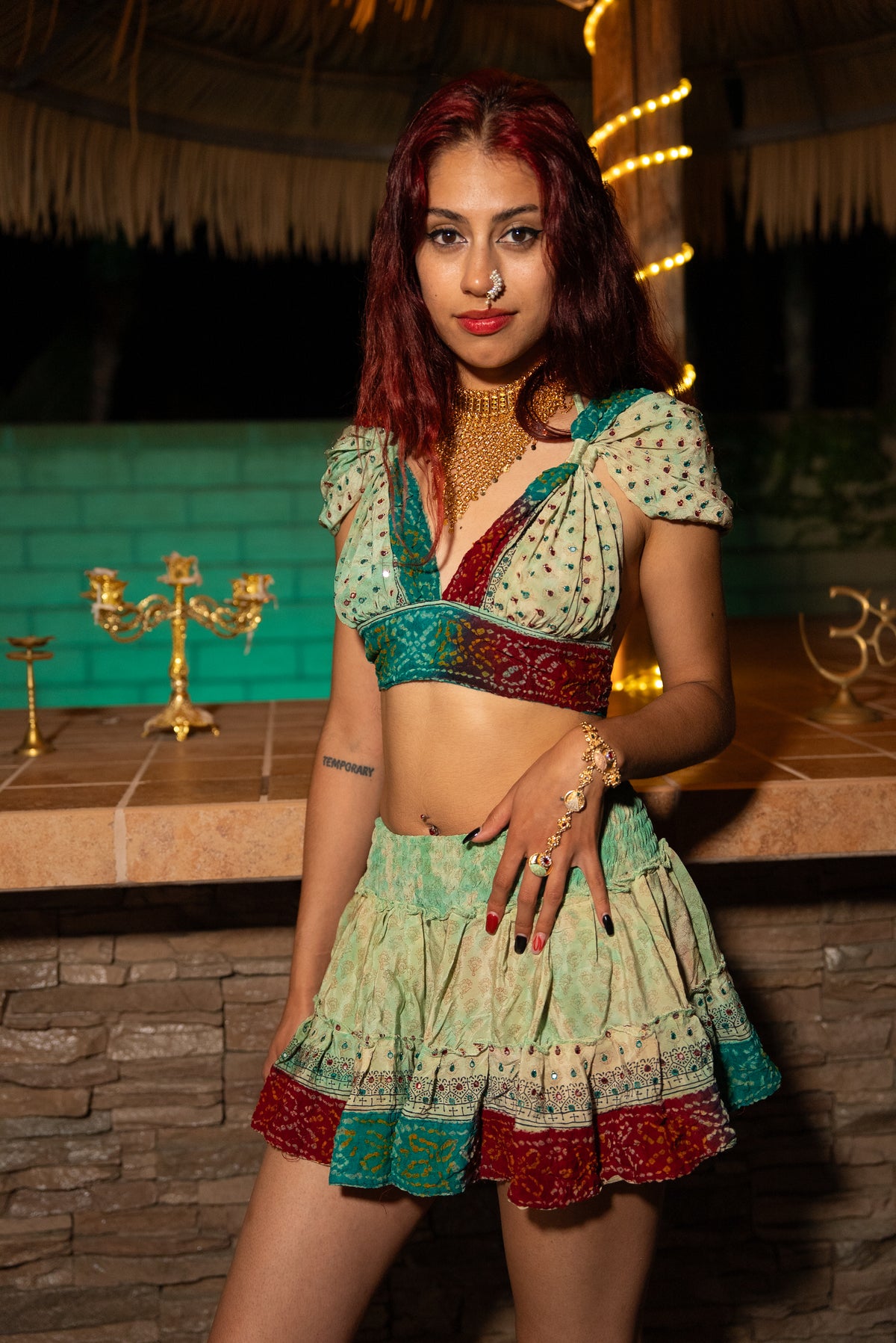 Watercolor Bandhani Mini Gehr Skirt Set