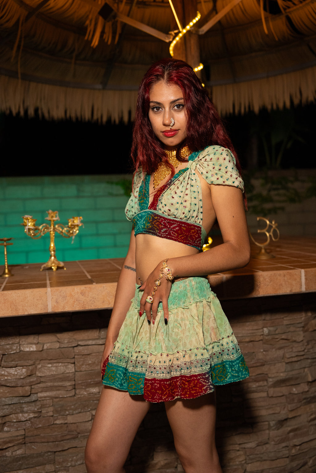 Watercolor Bandhani Mini Gehr Skirt Set