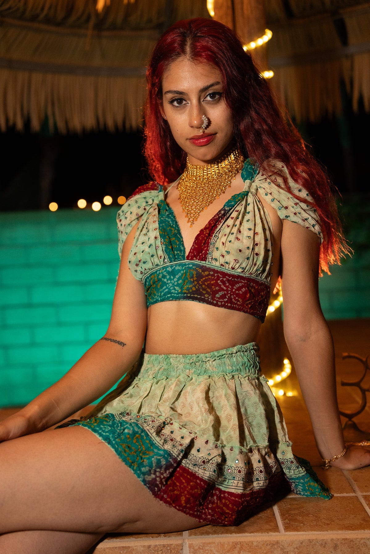 Watercolor Bandhani Mini Gehr Skirt Set