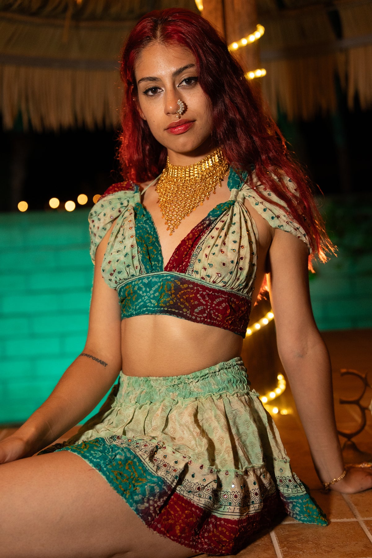 Watercolor Bandhani Mini Gehr Skirt Set