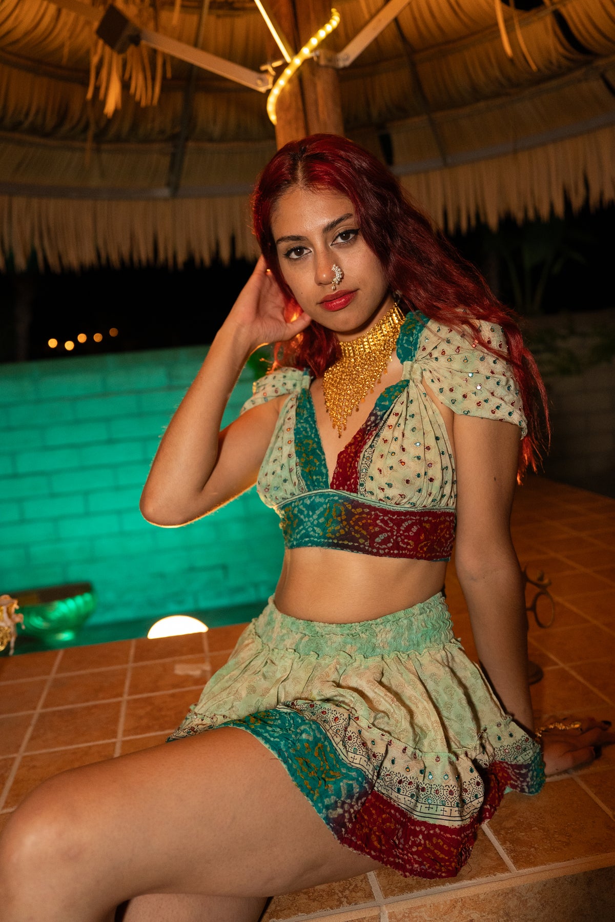 Watercolor Bandhani Mini Gehr Skirt Set