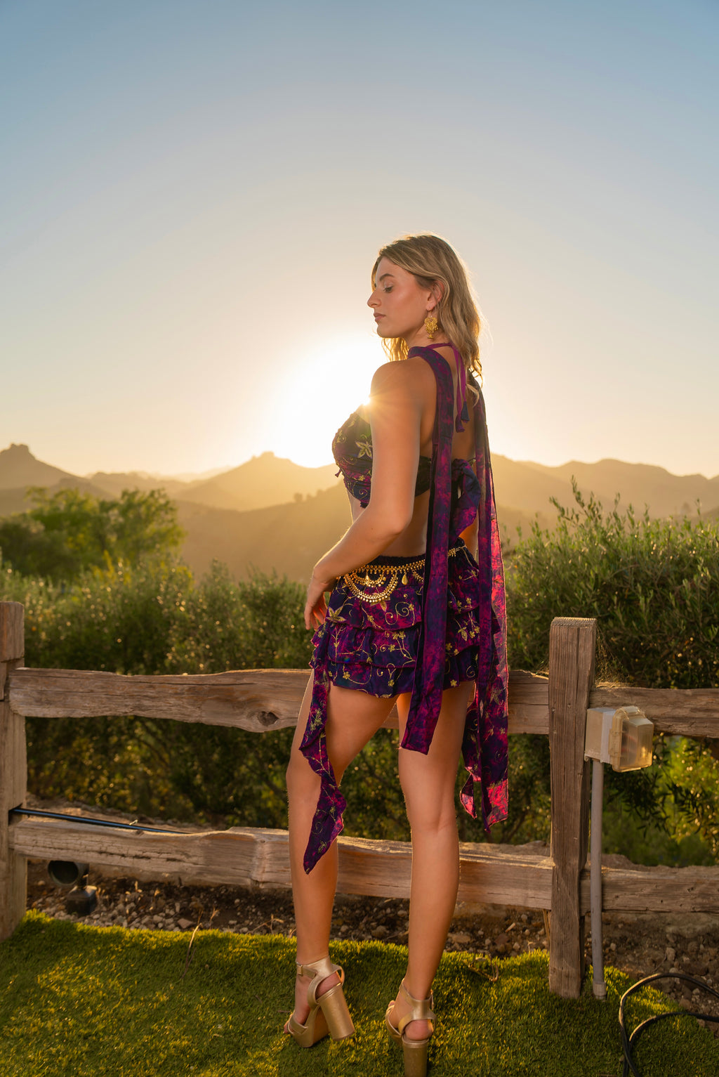 Purple cosmos ruffle mini skirt set