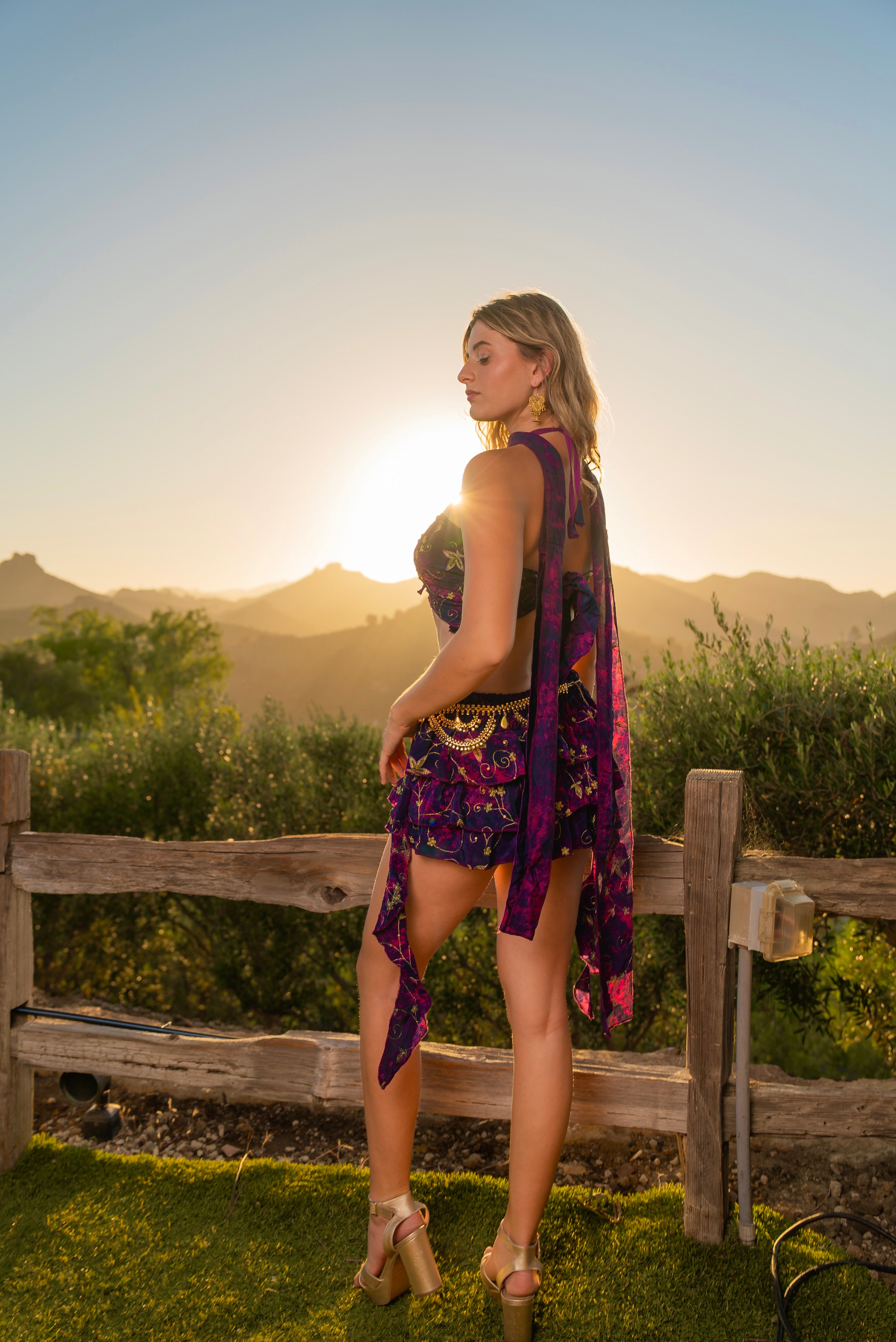 Purple cosmos ruffle mini skirt set