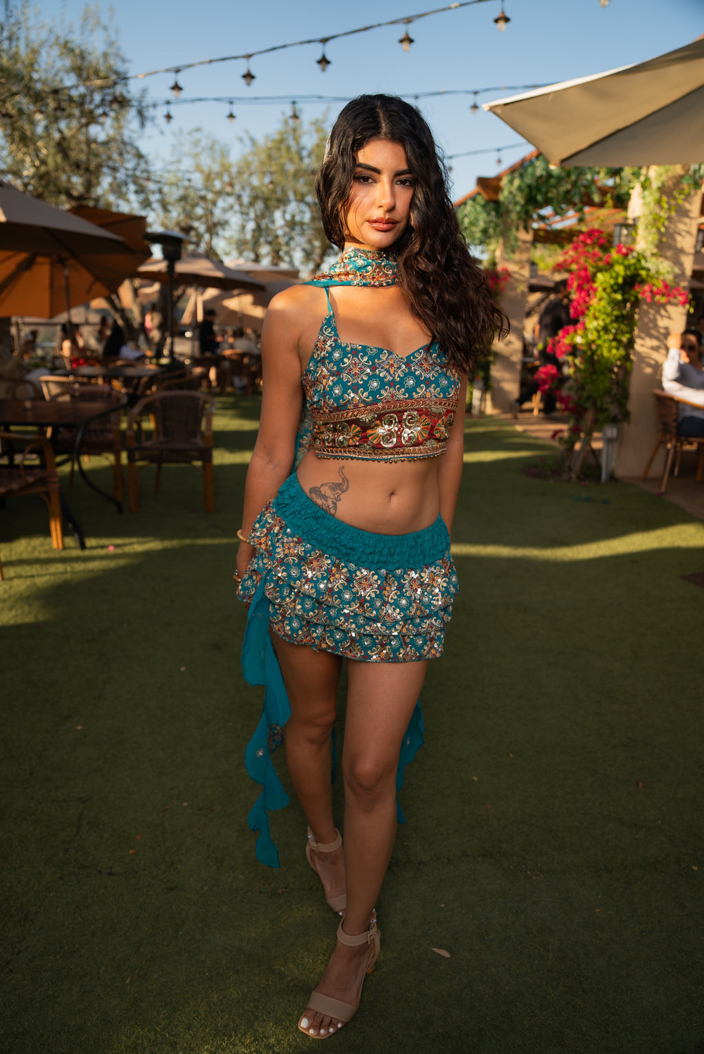 Blue lotus ruffle mini skirt set