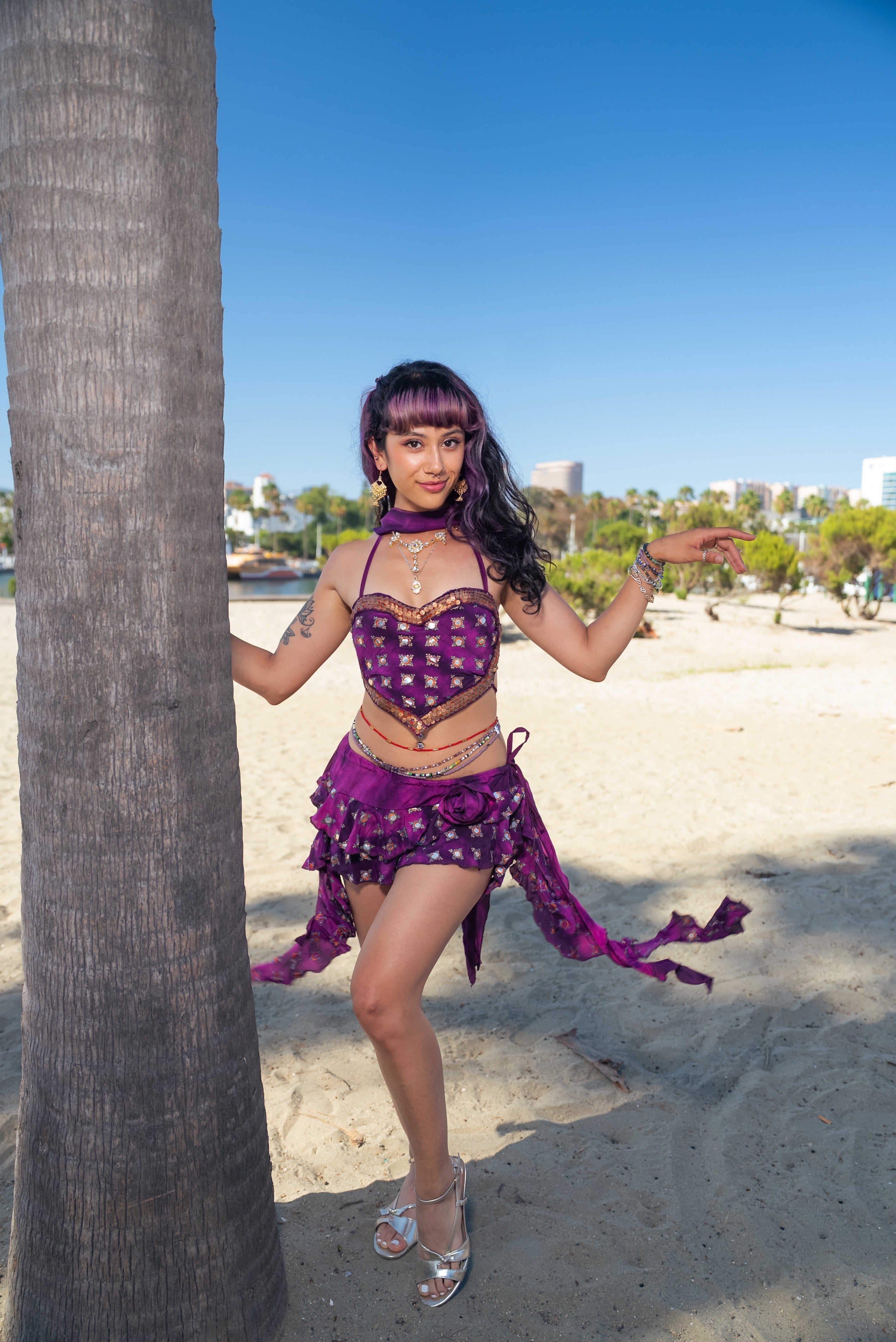 Purple heart ruffle mini skirt set