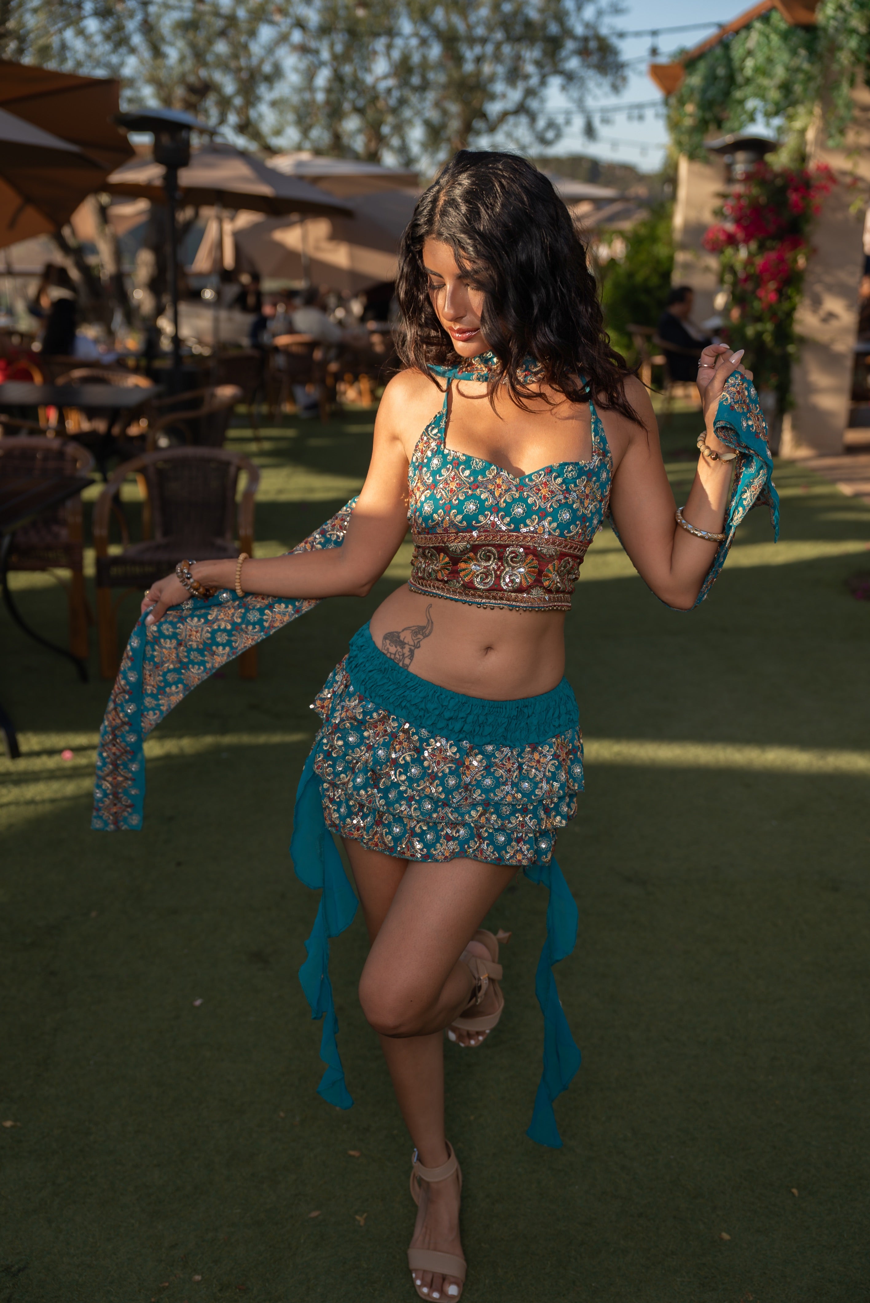 Blue lotus ruffle mini skirt set
