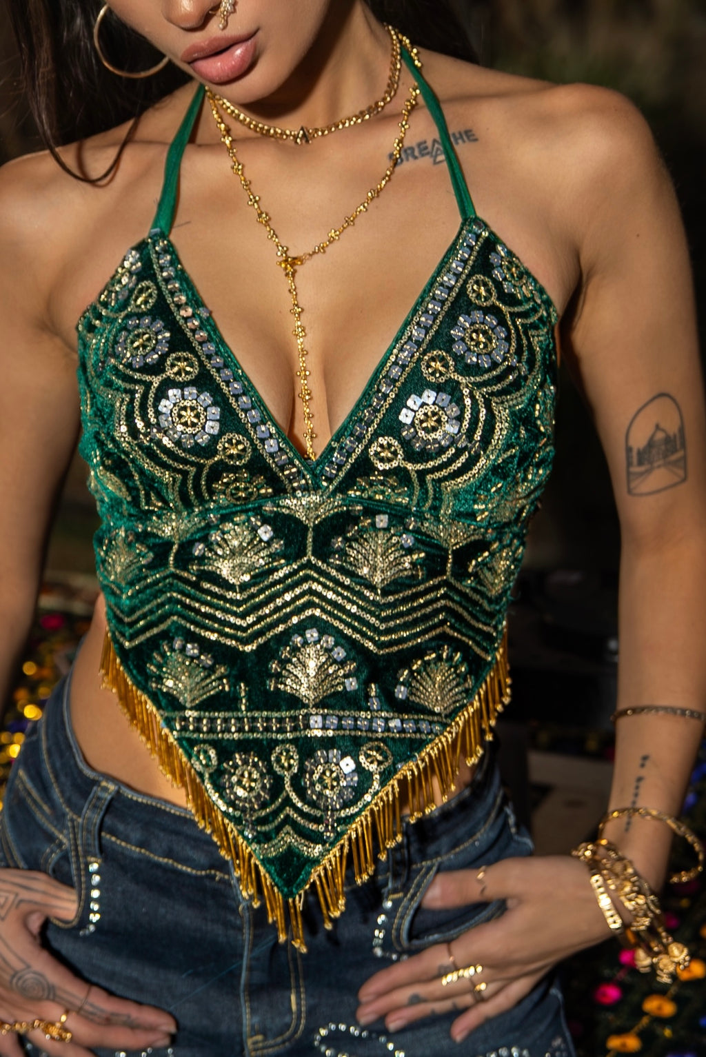 Emerald Venus Velvet Sequin Top