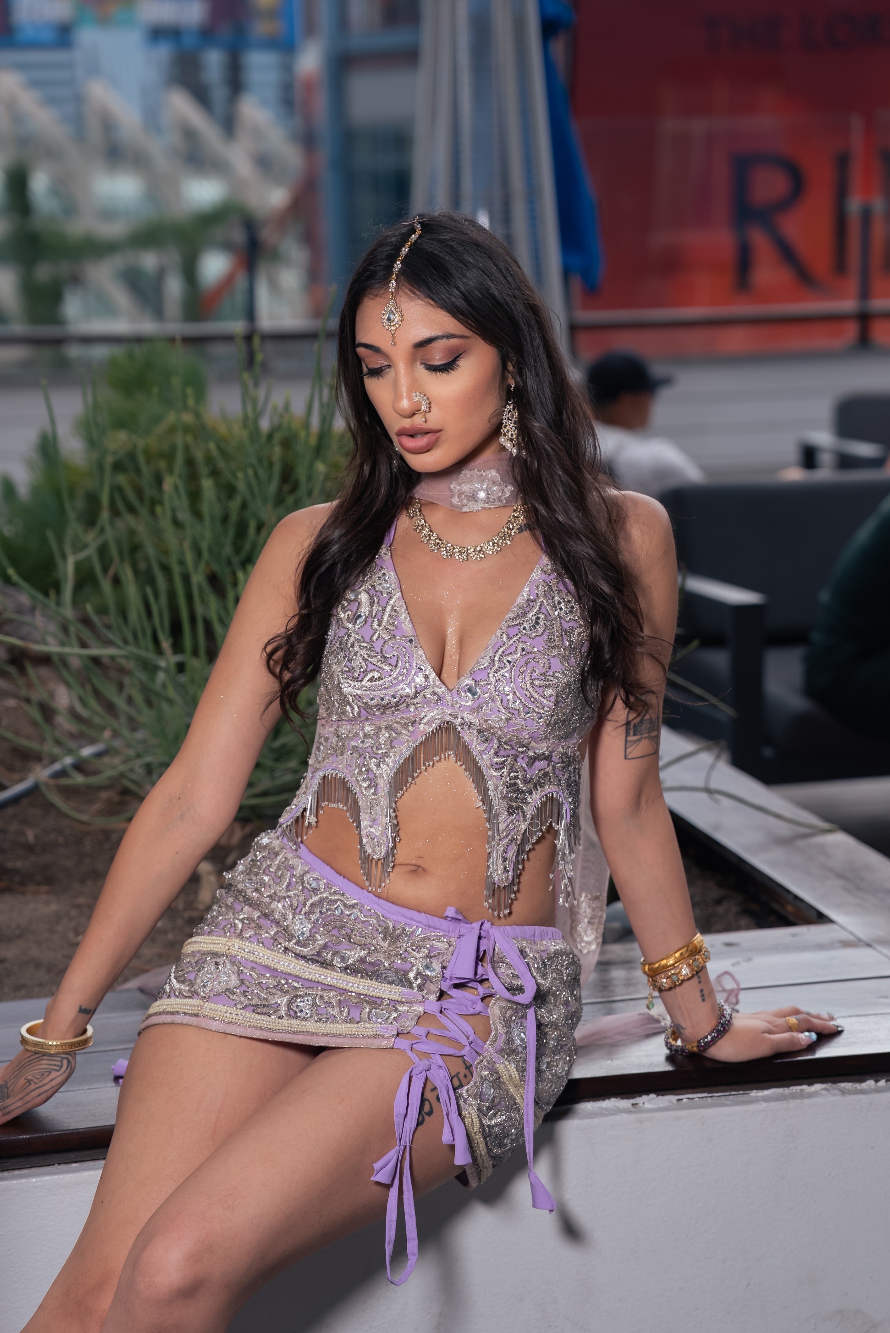 Lilac Diamonds Lace up Mini Skirt Set