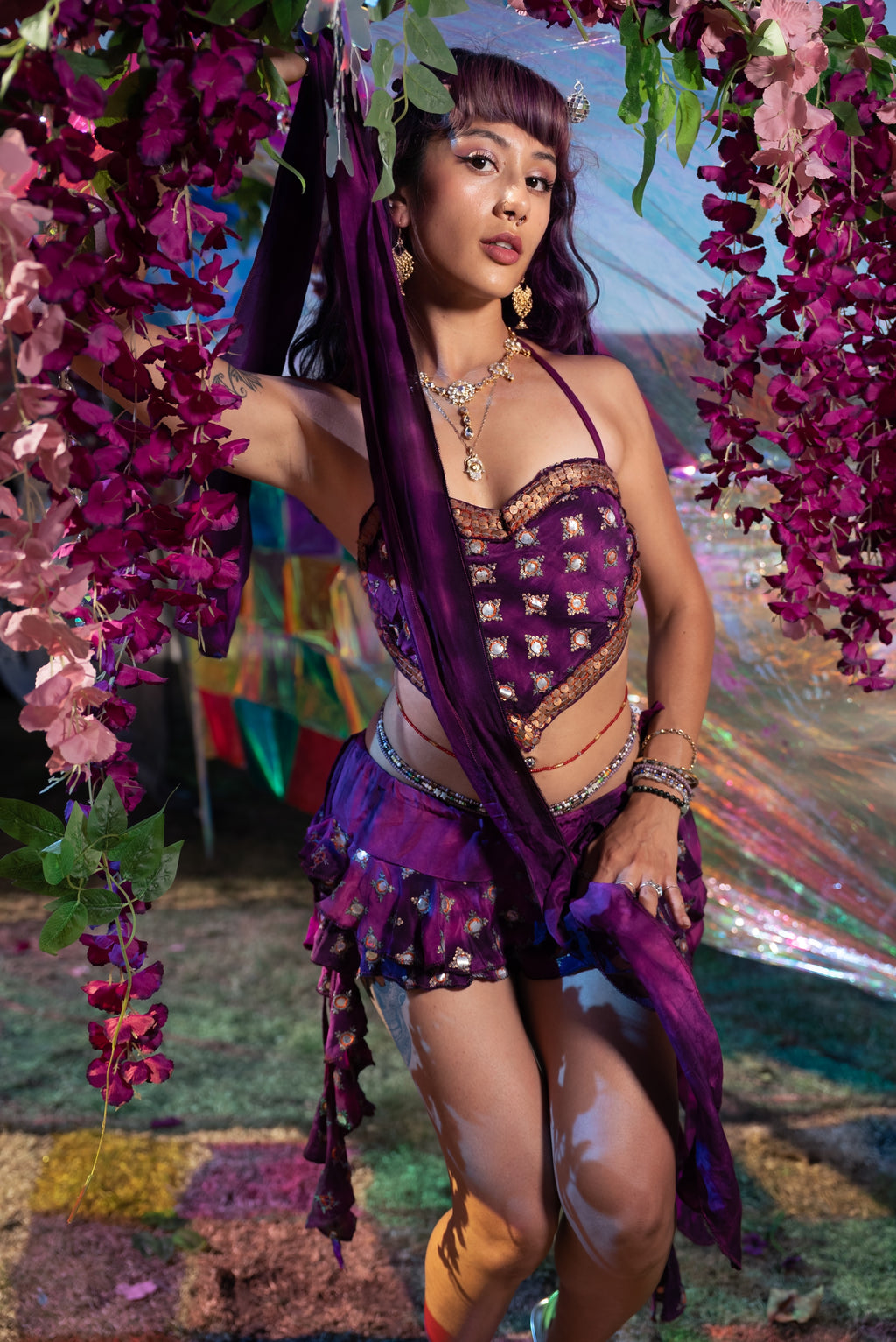 Purple heart ruffle mini skirt set