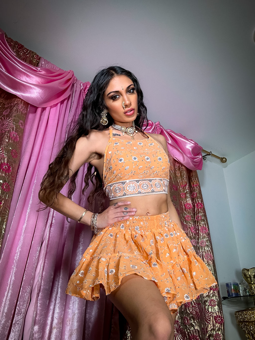 Peach Diamonds Micro Mini Gehr Skirt Set