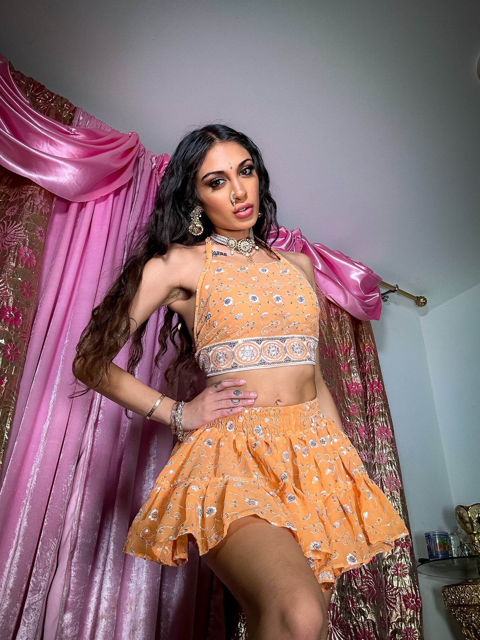 Peach Diamonds Micro Mini Gehr Skirt Set
