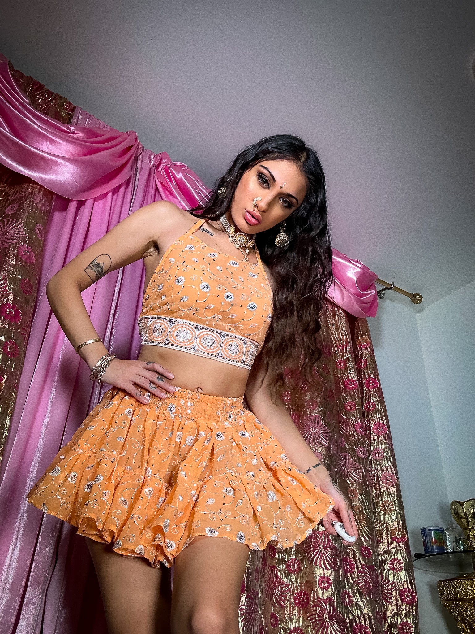 Peach Diamonds Micro Mini Gehr Skirt Set