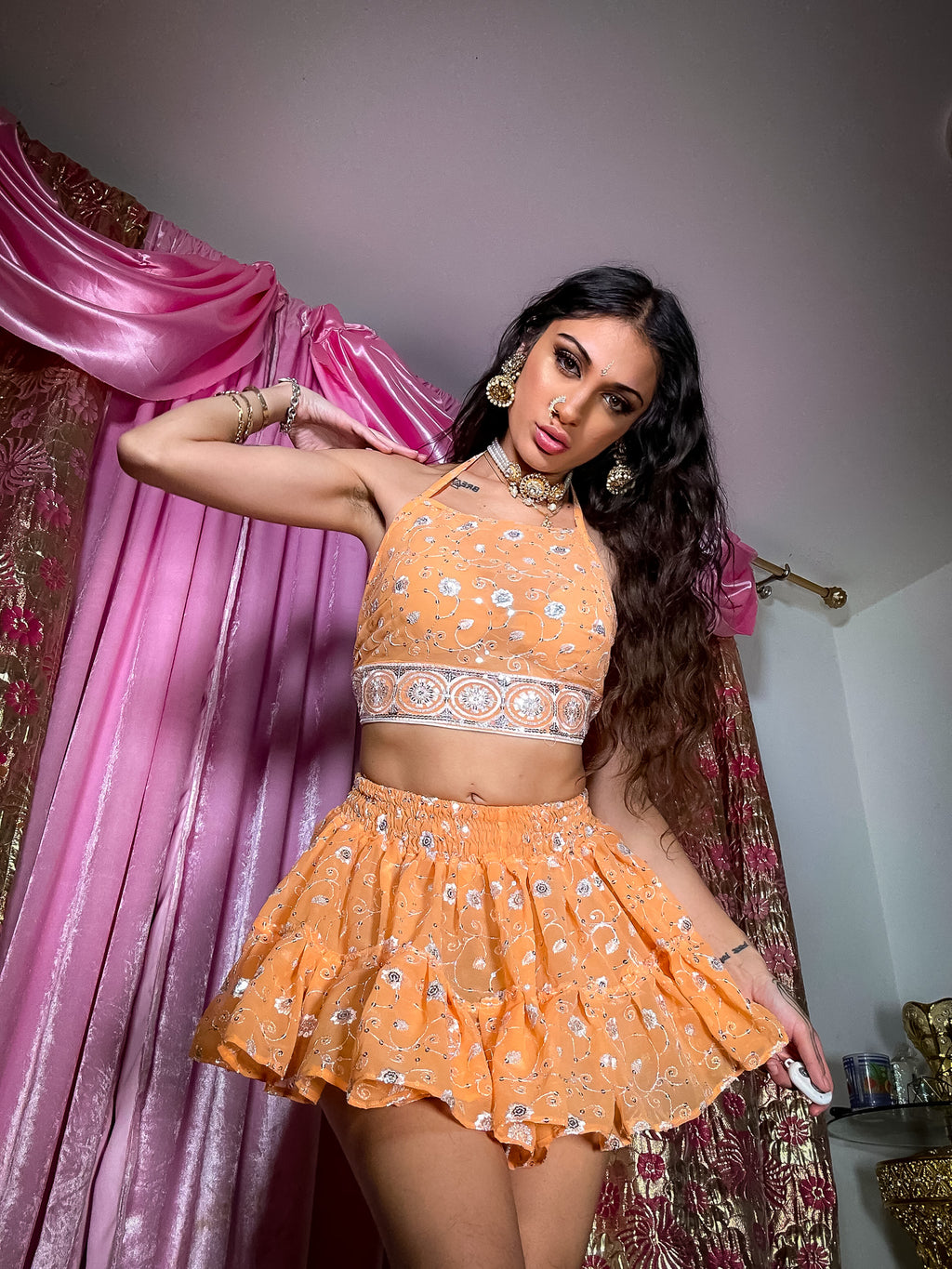 Peach Diamonds Micro Mini Gehr Skirt Set