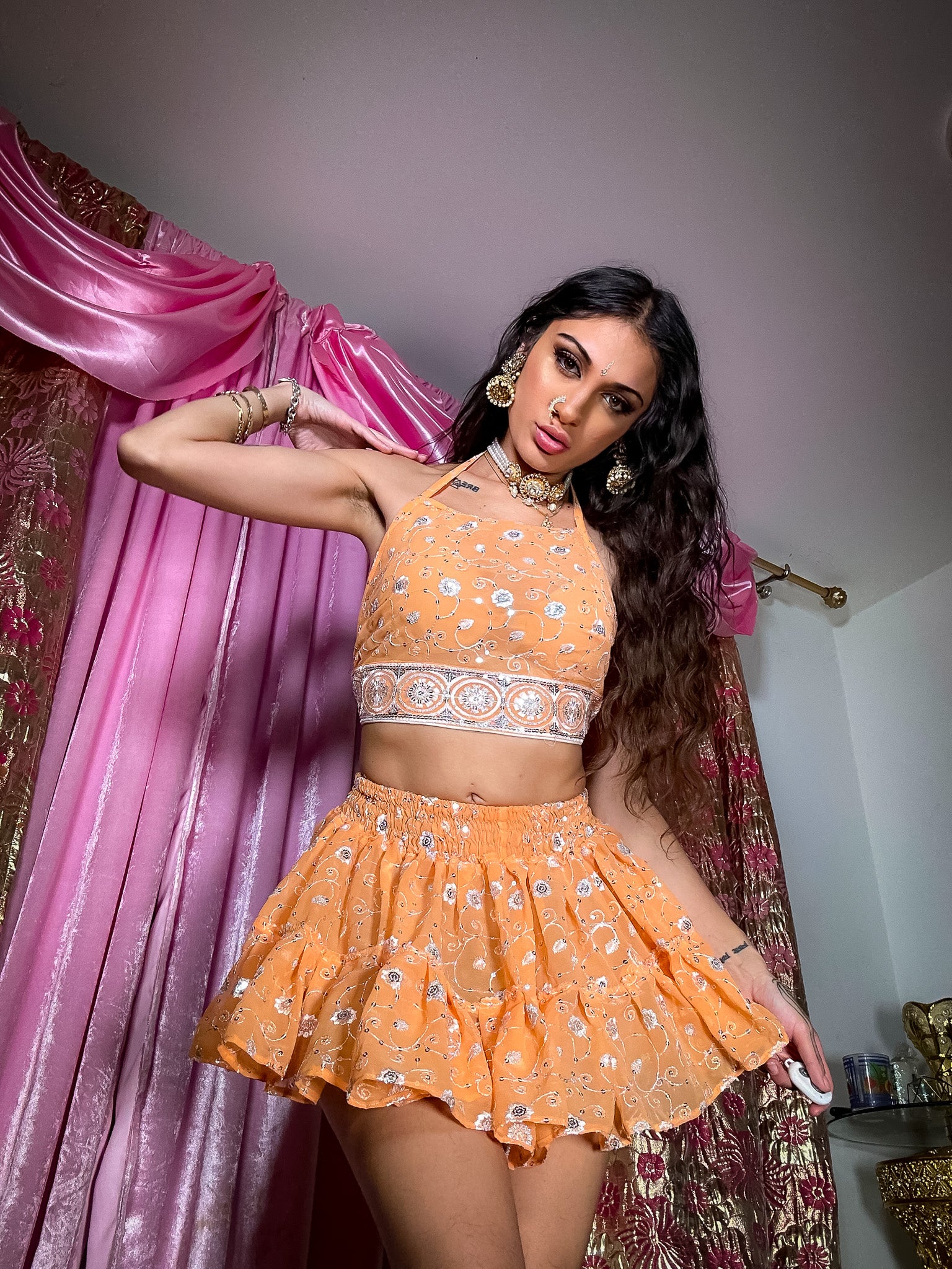 Peach Diamonds Micro Mini Gehr Skirt Set