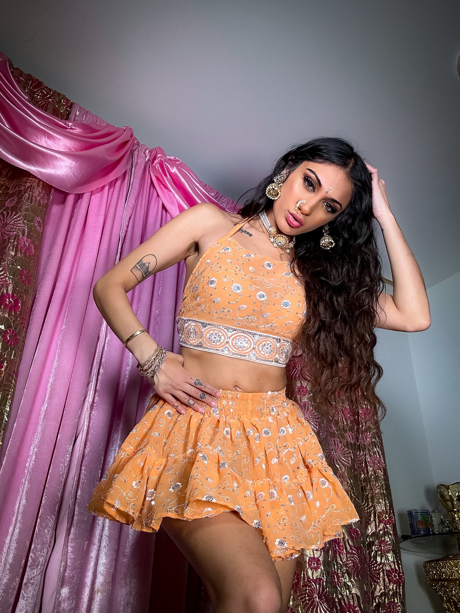 Peach Diamonds Micro Mini Gehr Skirt Set