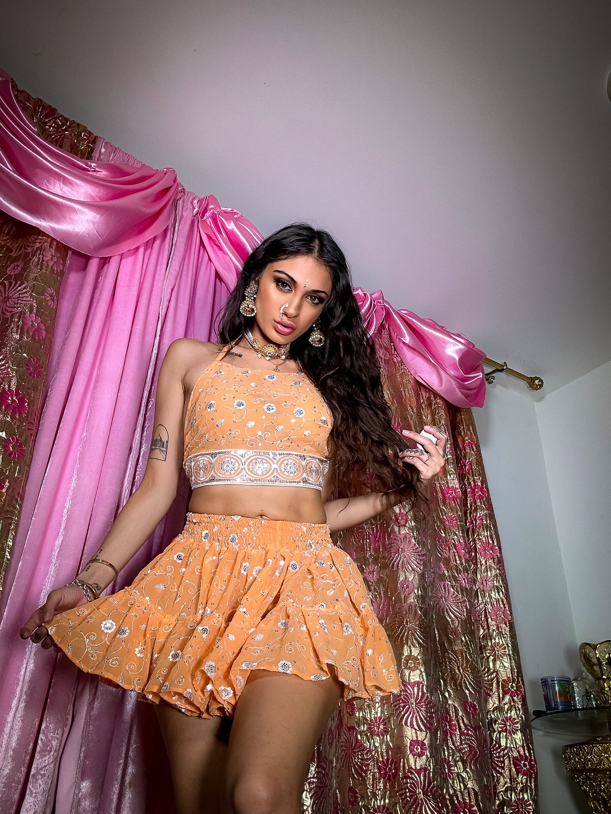 Peach Diamonds Micro Mini Gehr Skirt Set
