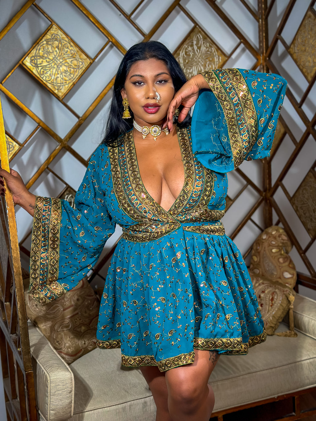 Turquoise Gold Babydoll Dress