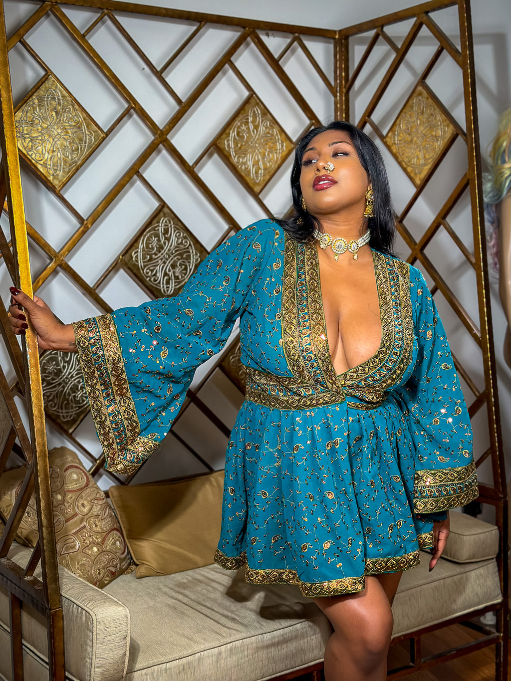 Turquoise Gold Babydoll Dress
