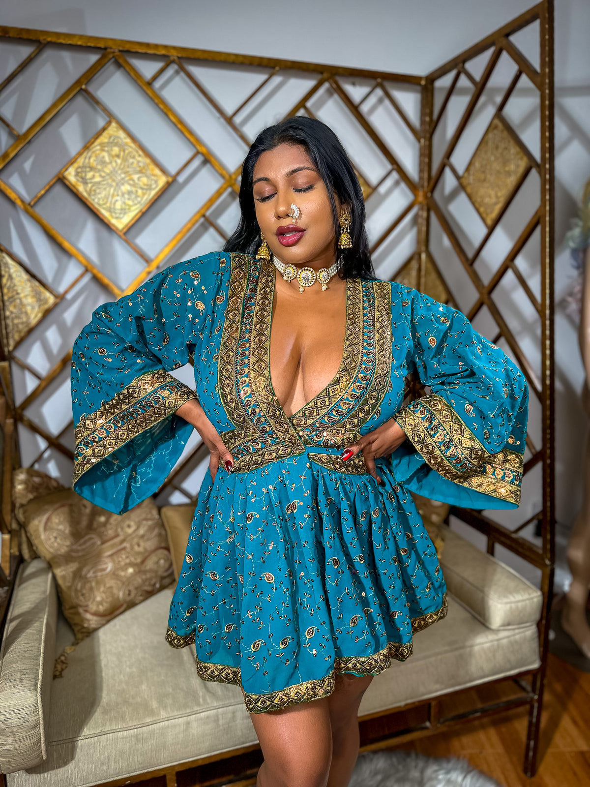 Turquoise Gold Babydoll Dress