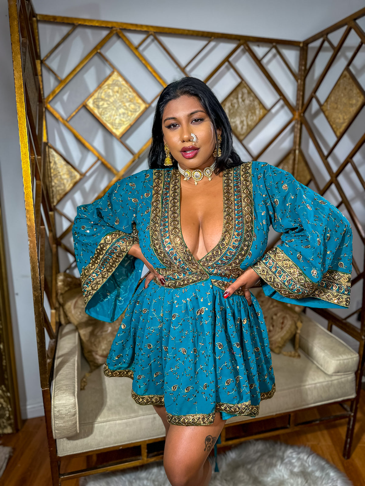 Turquoise Gold Babydoll Dress