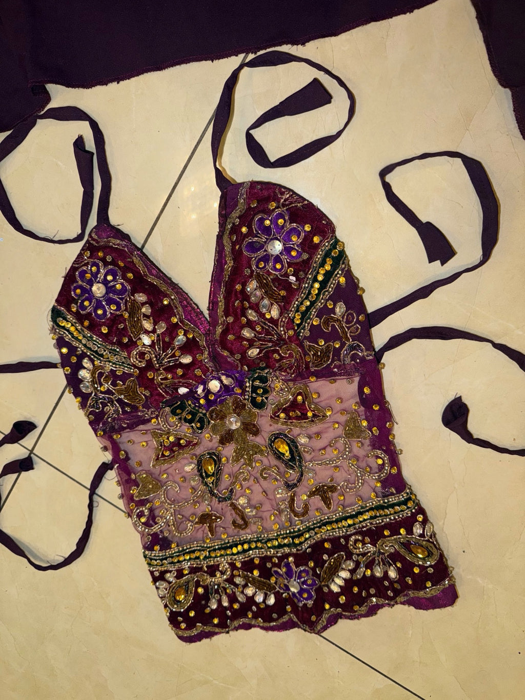 Dark Rose V-Neck Saree Top, floral and paisley embellishment detail