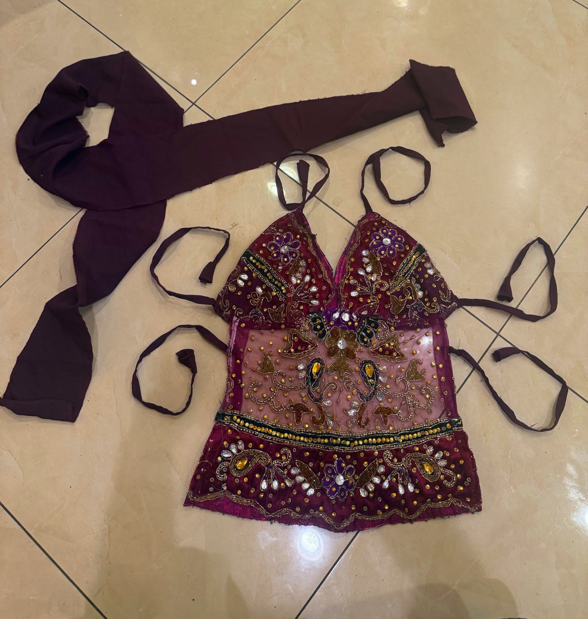 Dark Rose V-Neck Saree Top with separate scarf, front view