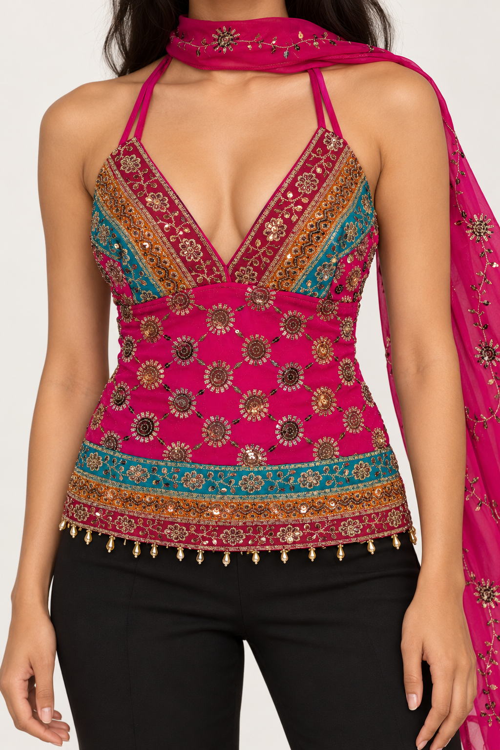 Fuchsia Lotus V-Neck Saree Top — generated adult modeled preview with face outside crop and one separate scarf