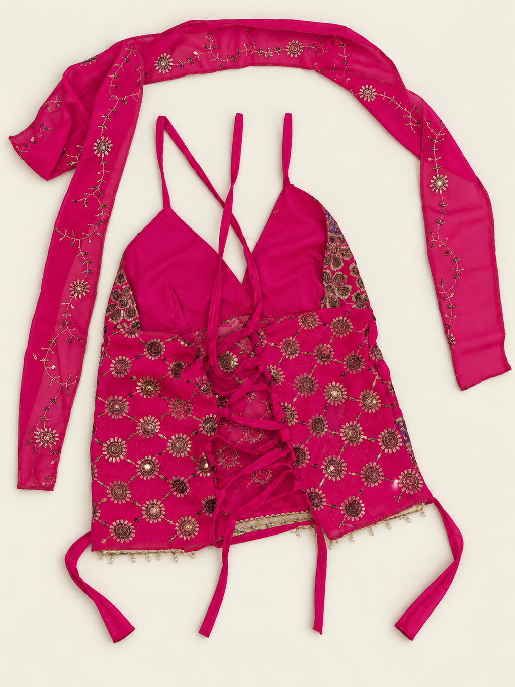 Fuscia lotus v neck saree top — studio back retouch showing original corset ties and separate scarf