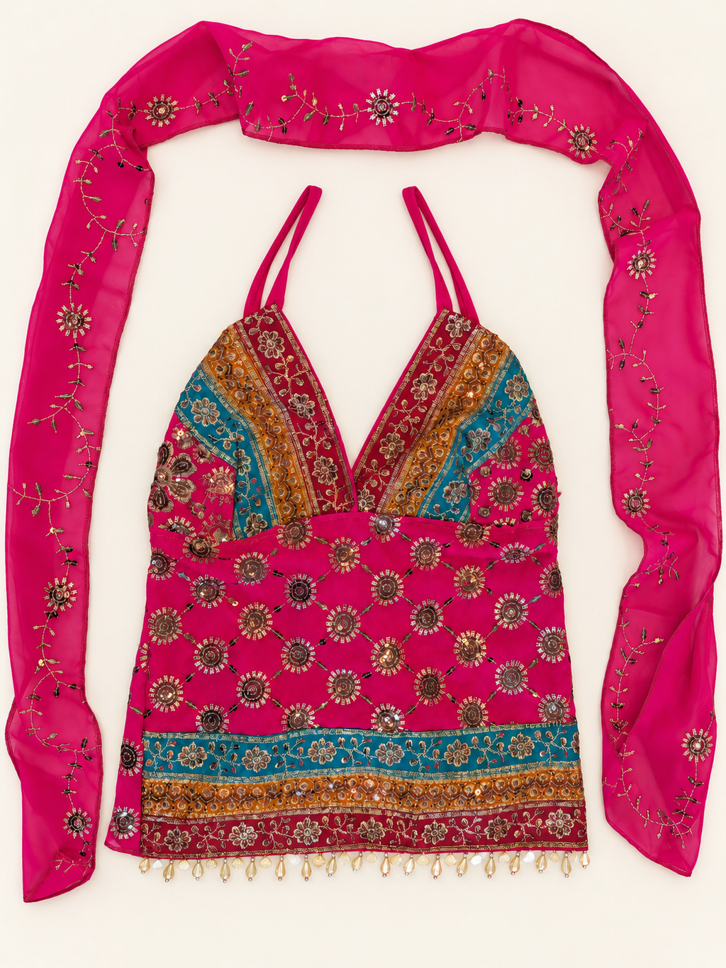 Fuscia lotus v neck saree top — studio front retouch with one continuous separate scarf