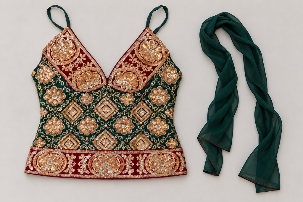 Royal Emerald V-Neck Saree Top — approved cleaned front with narrow separate scarf (version 2)