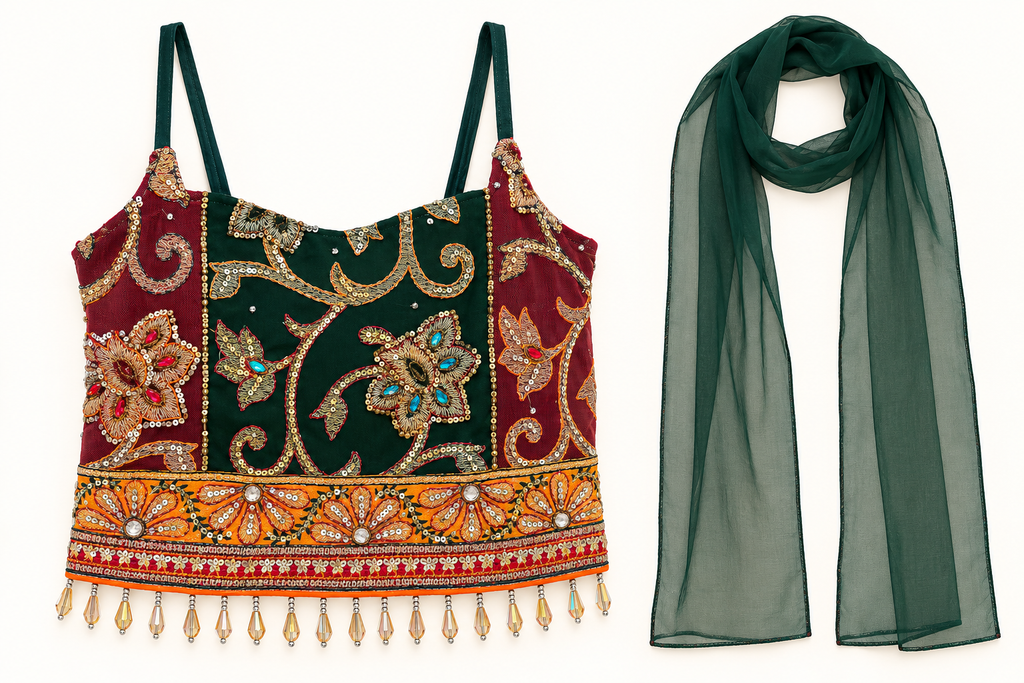 Ruby Emerald Rani — cleaned front with actual separate matching scarf, pending final human review