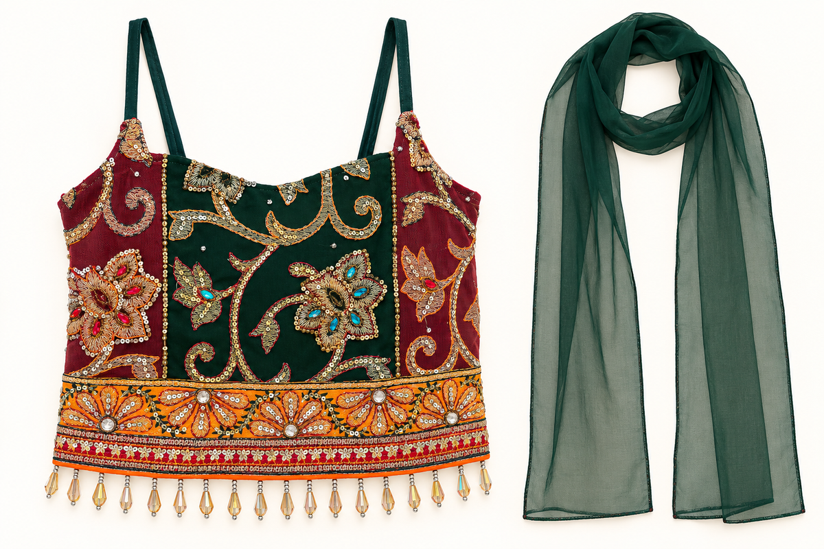 Ruby Emerald Rani — cleaned front with actual separate matching scarf, pending final human review