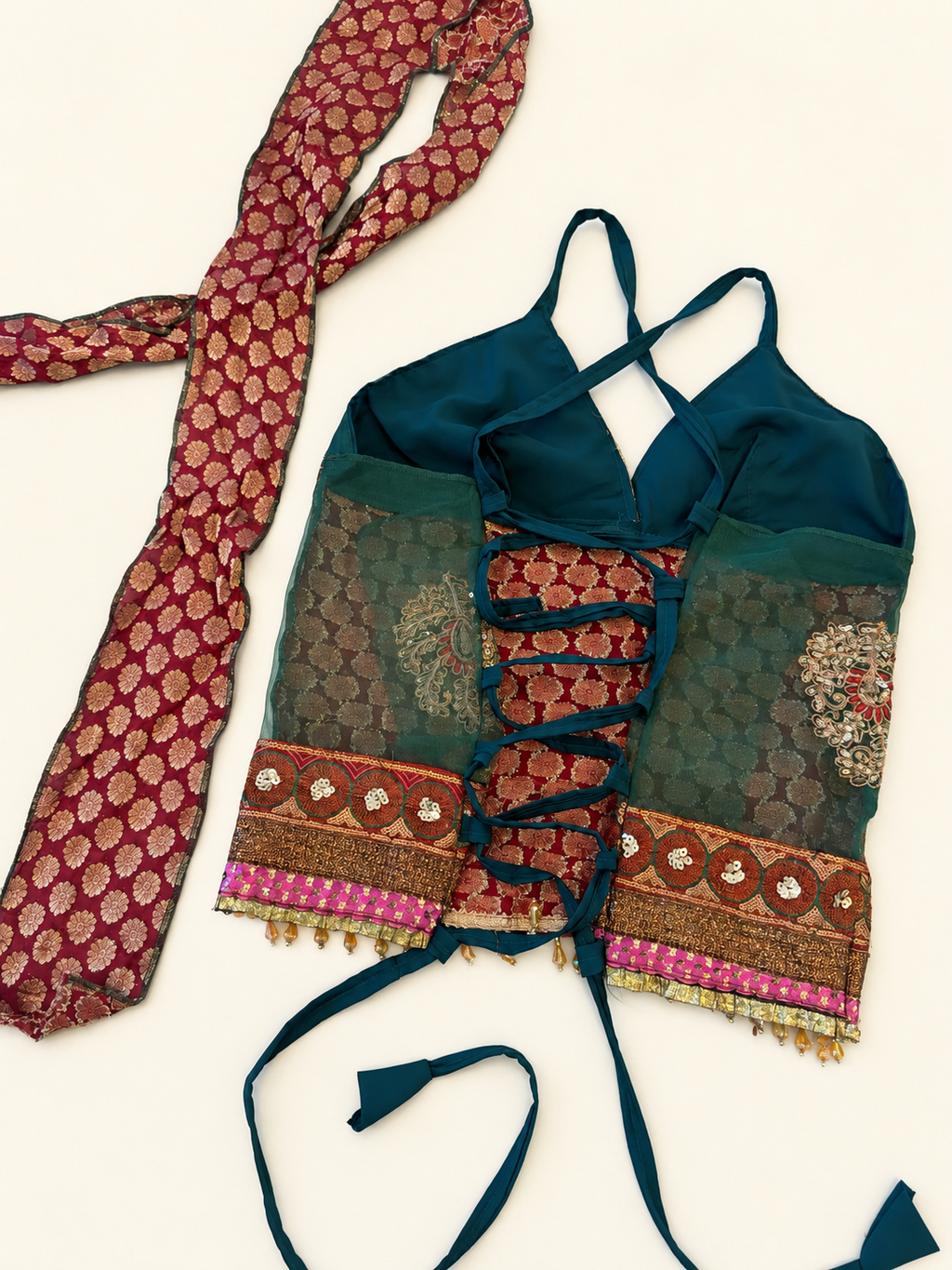 7 Chakra V-Neck Saree Top — approved cleaned back, rotated upright; one separate matching scarf