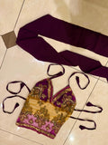 Violet Spell Saree Top with purple panels, gold floral embellishments, a sheer gold center, pink lower panel, tie straps and a matching purple scarf