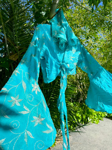 Turquoise Flowers Hoodie Wrap Top