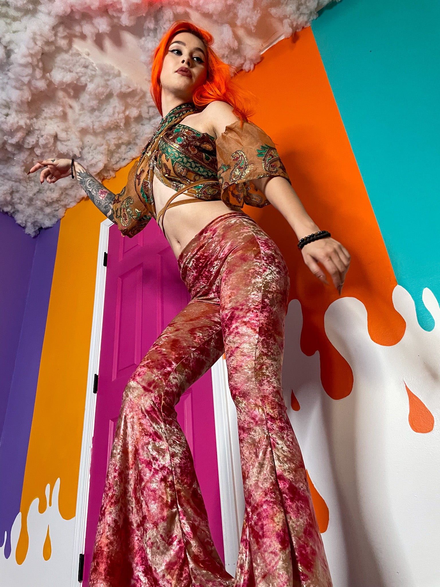 sunsets n roses velvet flare pants