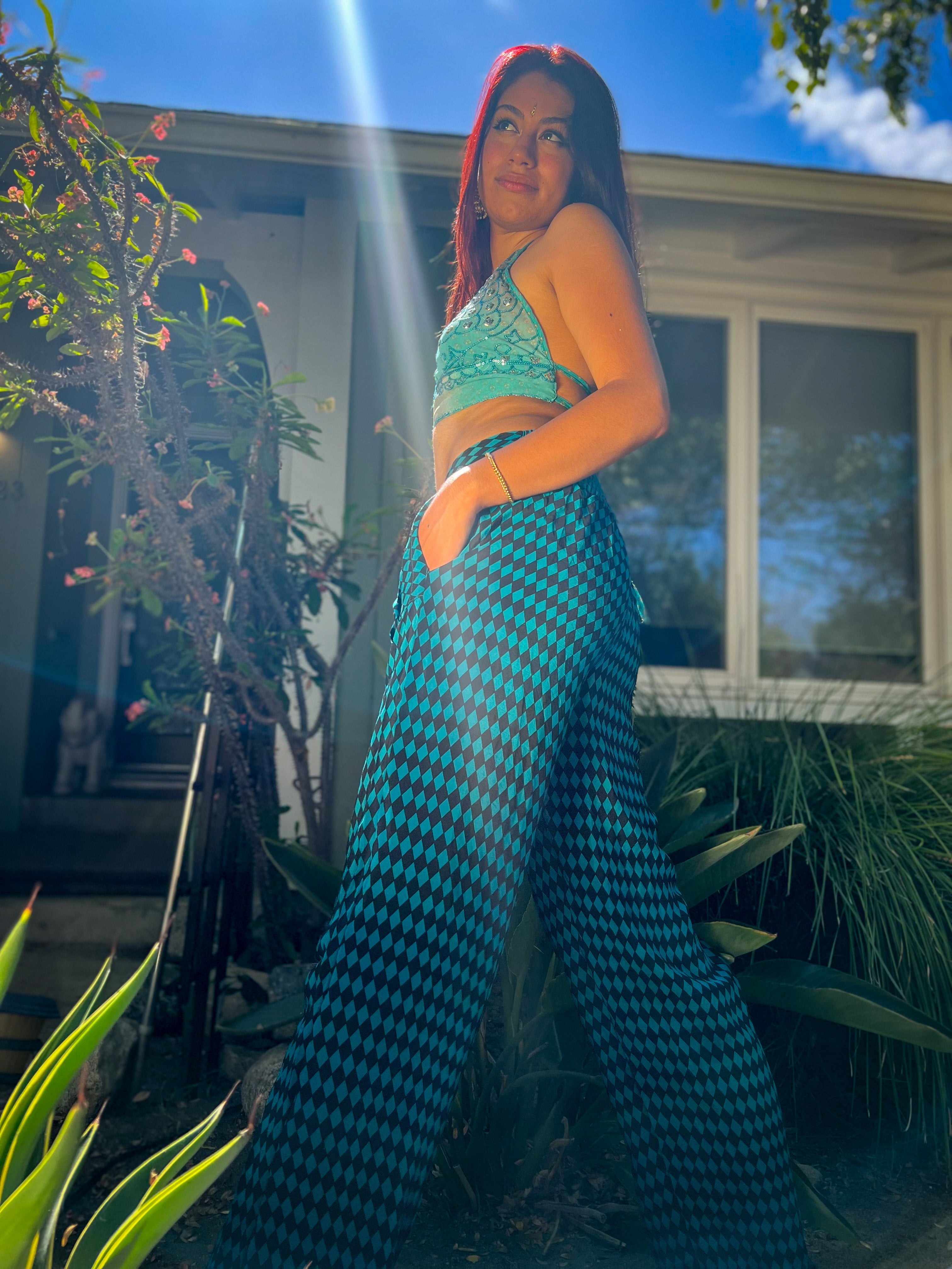 Blue Checkers Silk Pants