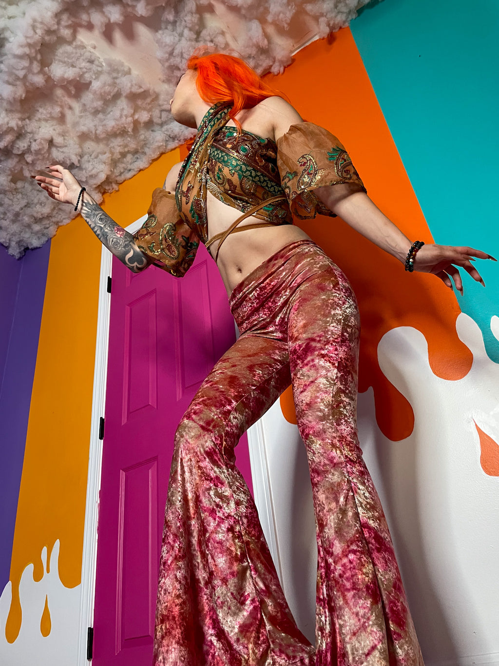 sunsets n roses velvet flare pants
