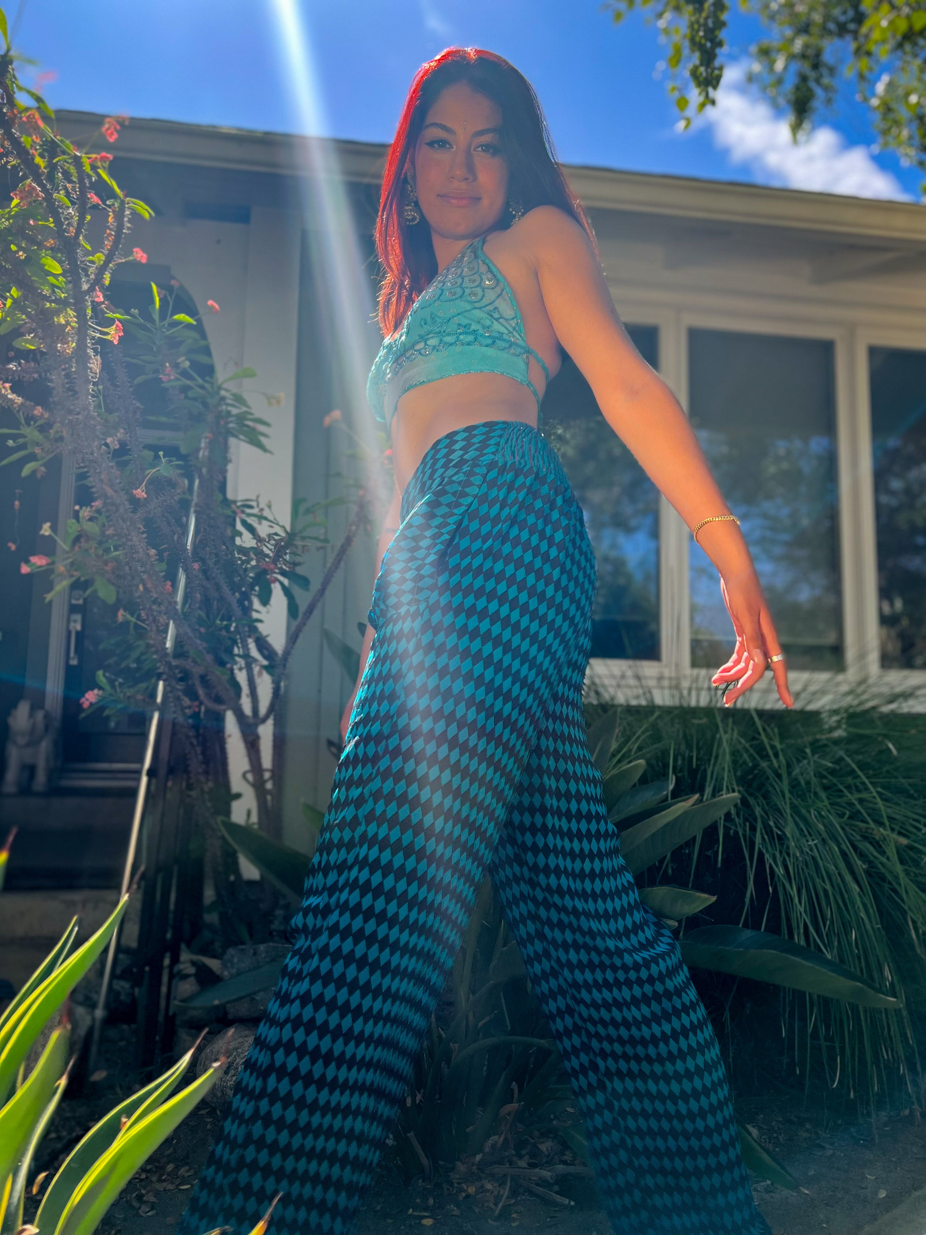 Blue Checkers Silk Pants