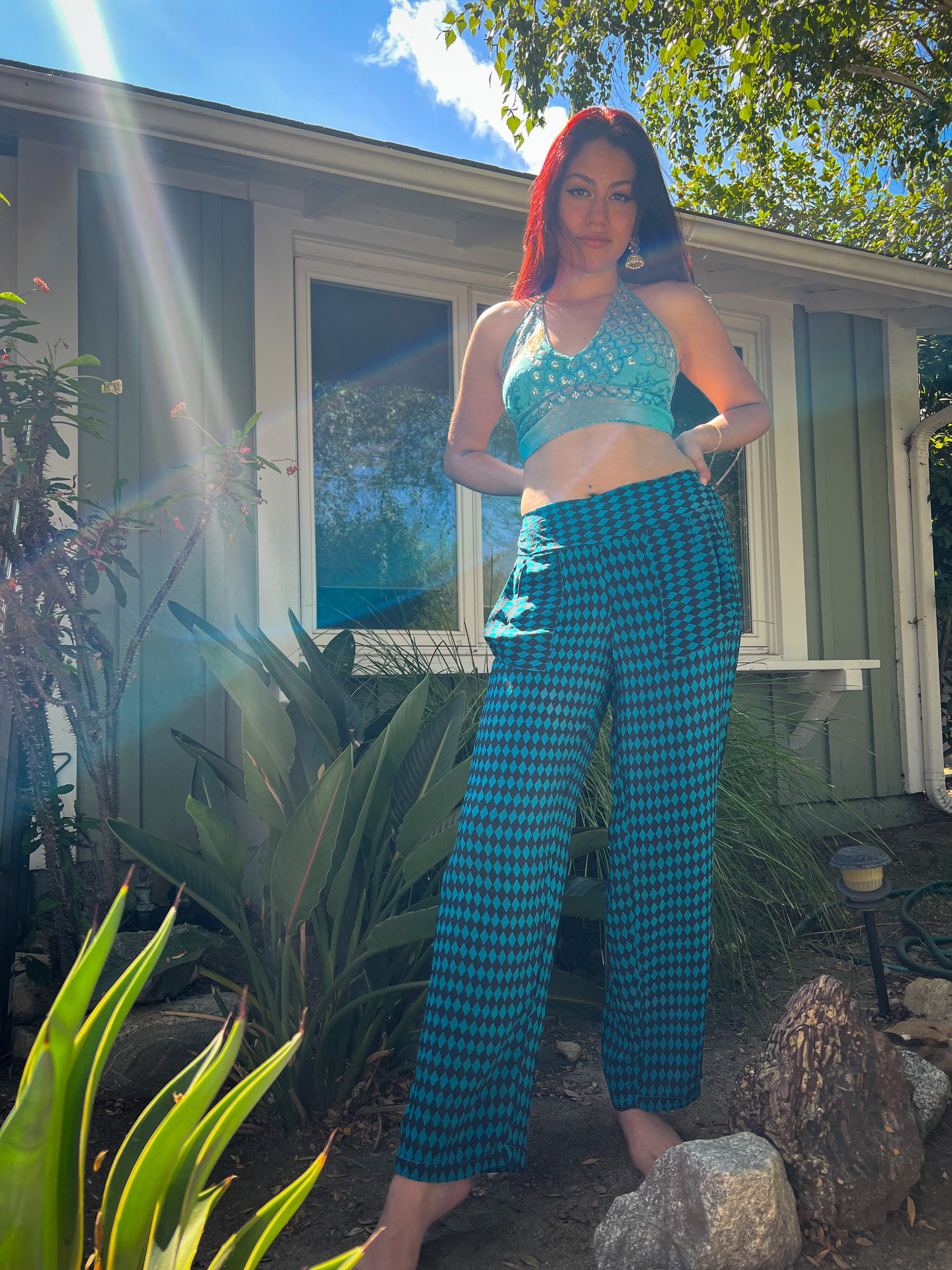 Blue Checkers Silk Pants